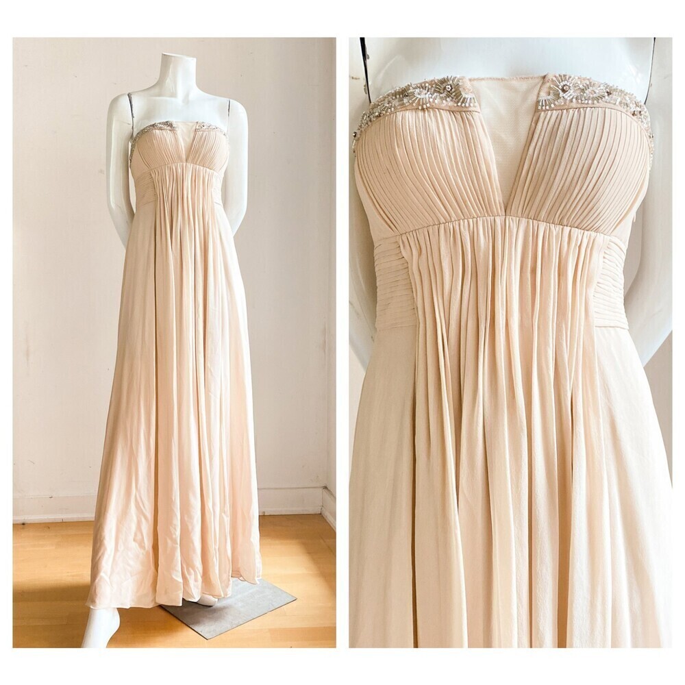BCBG Max Azria Nude Beige Beaded Strapless Silk Empire Waist Evening Gown 4